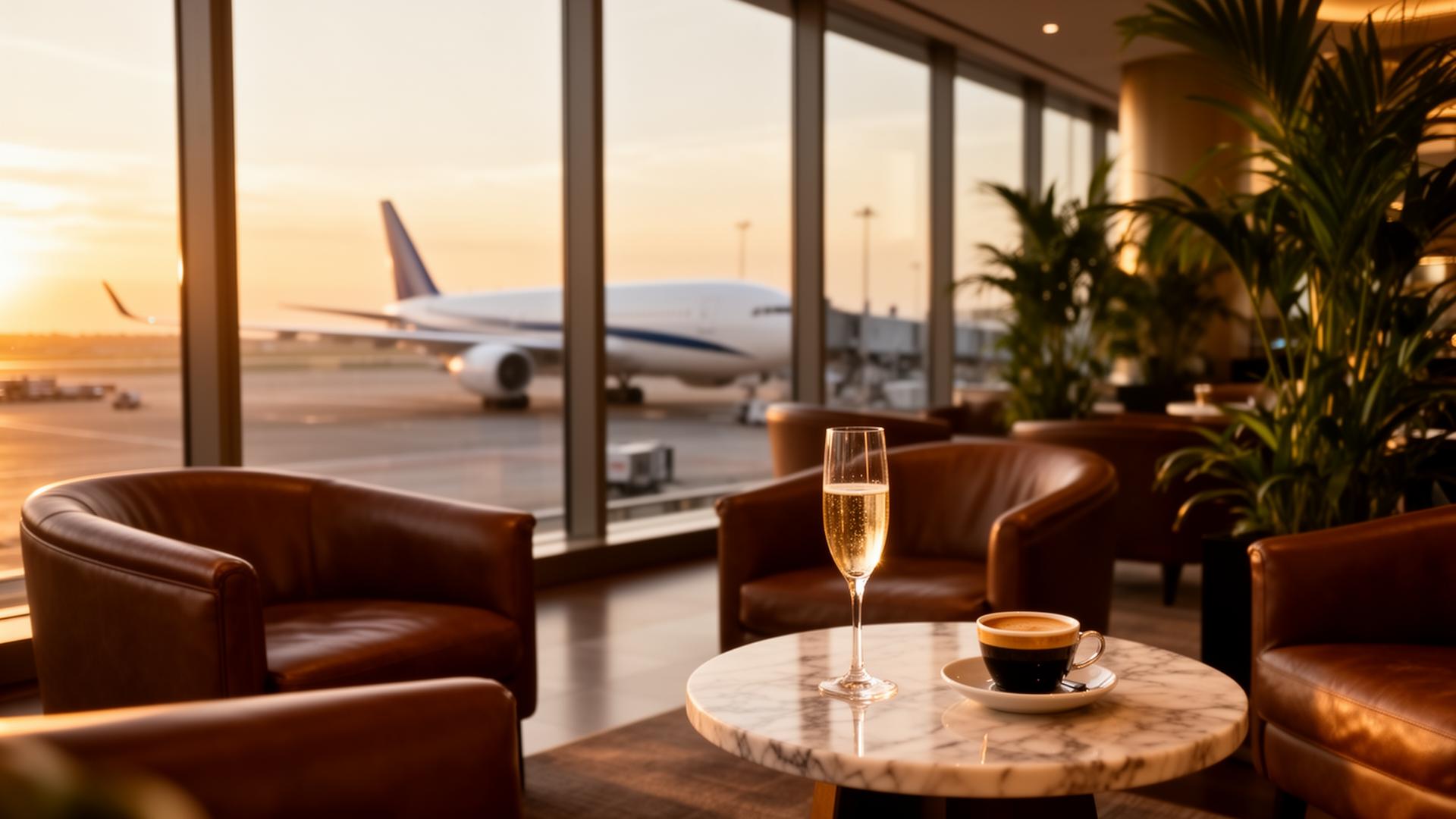 Elegant airport lounge at golden hour with leather armchairs and a wide-body aircraft outside