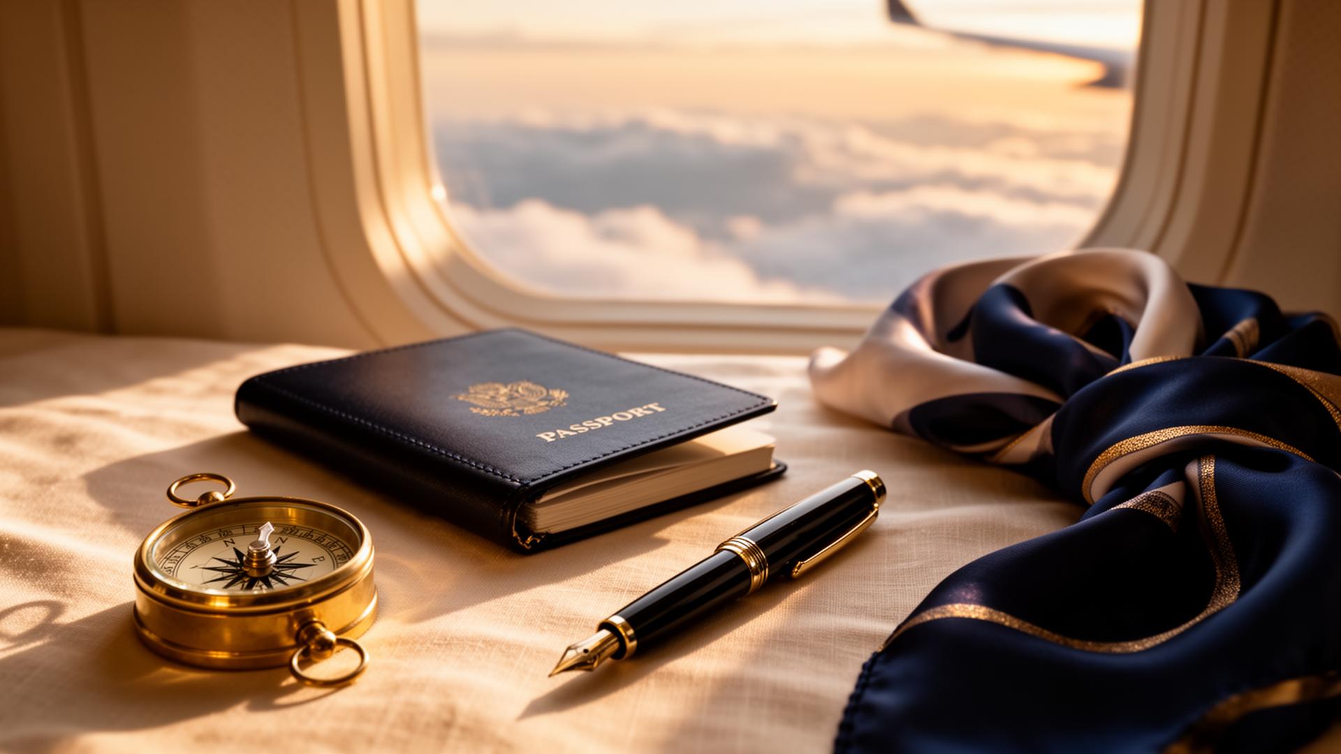 Passport, brass compass, fountain pen and silk scarf beside an aircraft window at golden hour